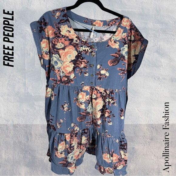 FREE PEOPLE HARPERS MINI DRESS CORDUROY IN BLUE FLORAL NEW - Picture 3 of 8